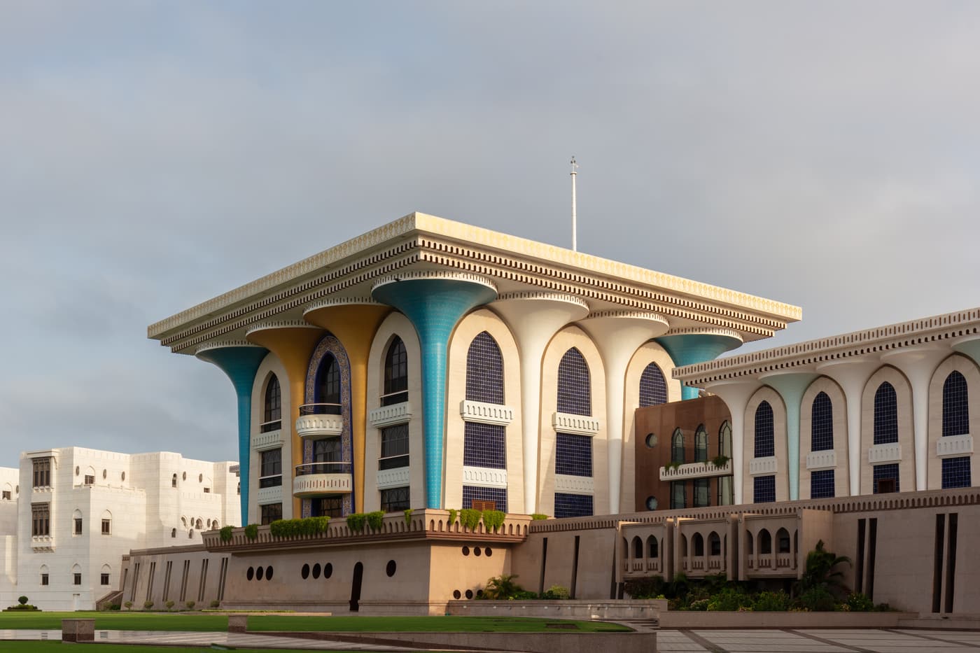 The blue and gold facade of Al Alam Palace in Old Muscat