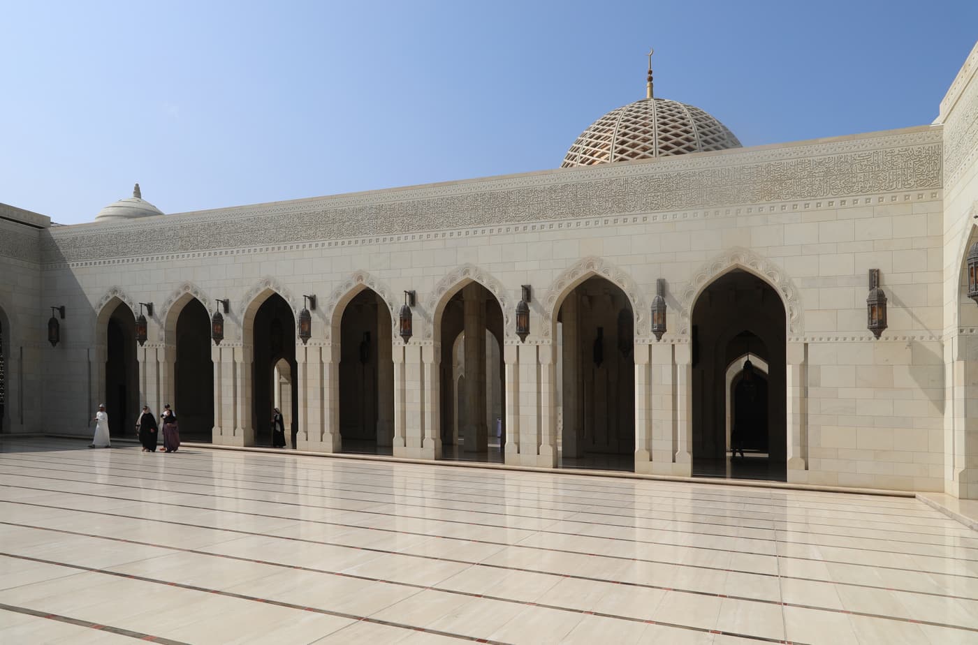 The courtyard and minaret of the Sultan Qaboos Grand Mosque