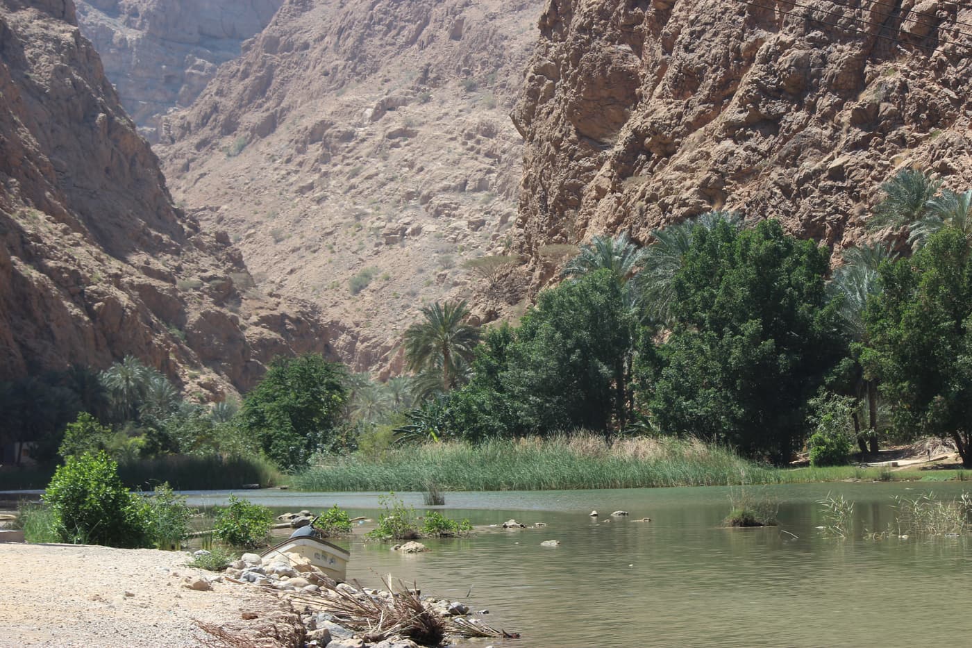 Towering cliffs and green water in Wadi Shab